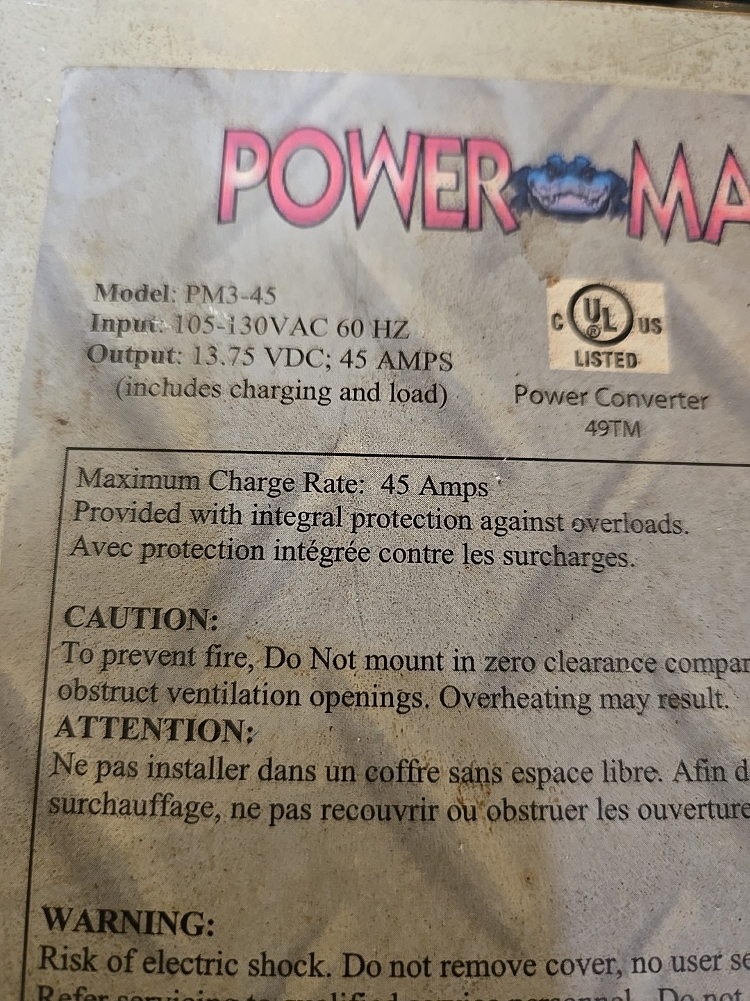 Power Max PM3-45 Power Converter Charger 105-130VAC In 45A 13.75 VDC Out (F)