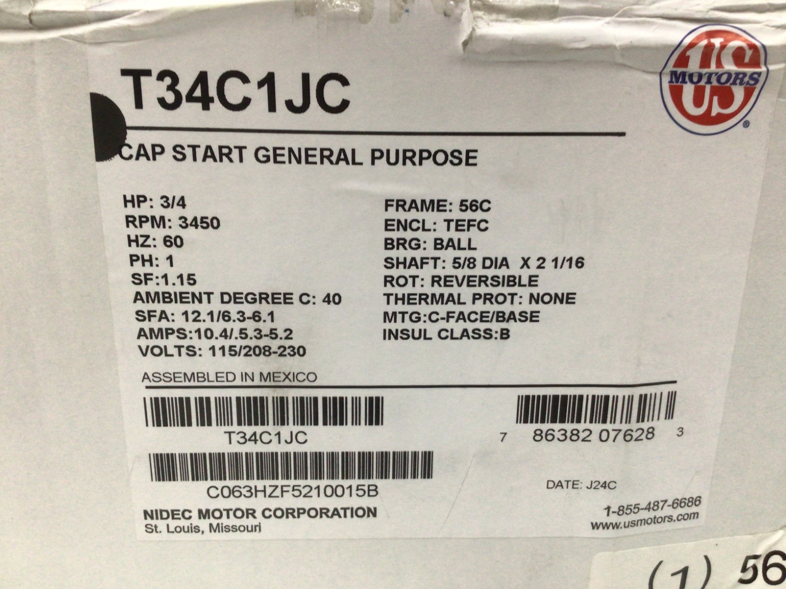 US-Nidec T34C1JC 3/4 HP General Purpose Motor 3600 RPM