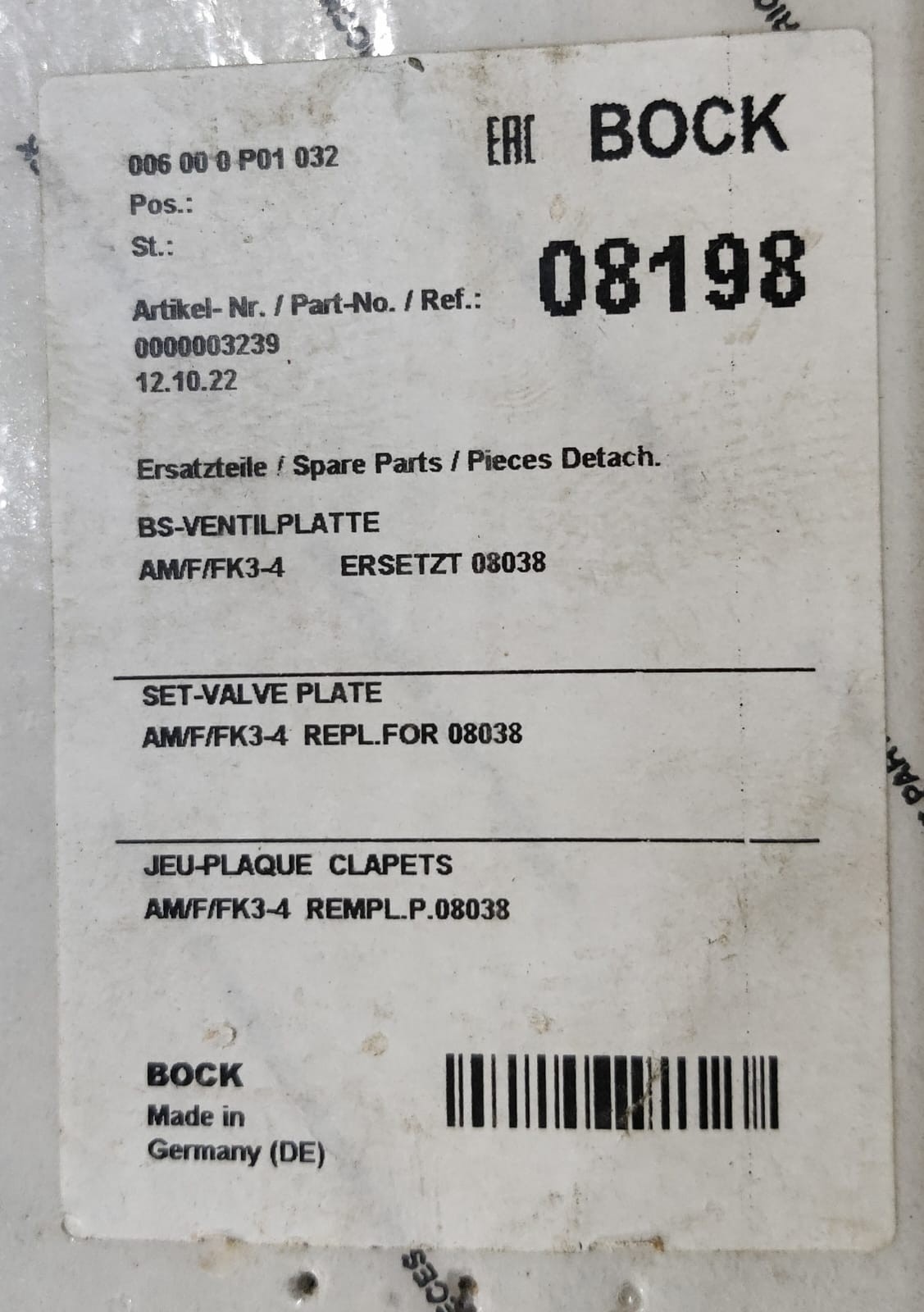 080198 Bock Set Valve Plate AM/F/FK3-4 Repl. For 08038 #NEW
