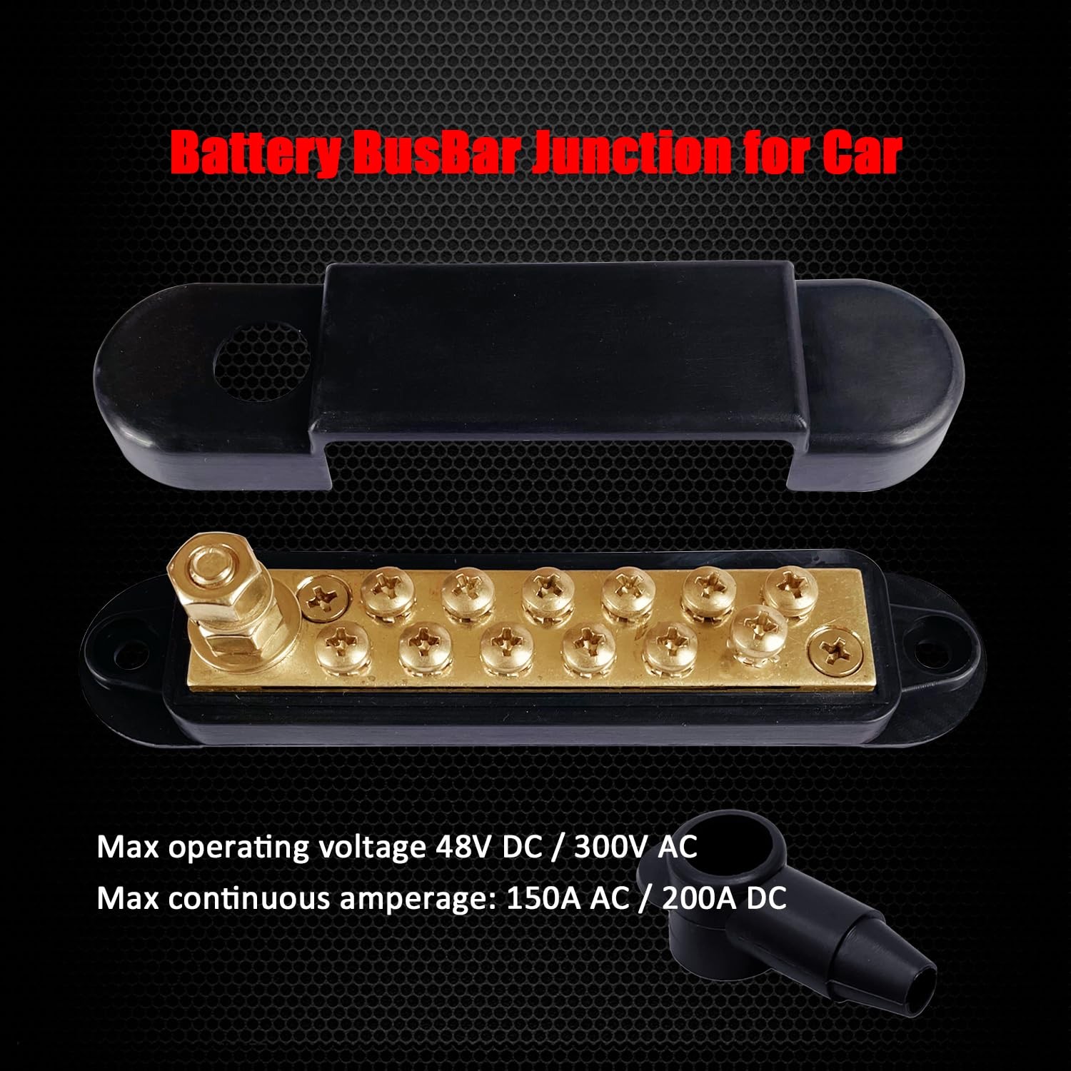 1/4″ Stud Power Distribution Block Bus Bar with 12 x #8 Screws, Brass, Black