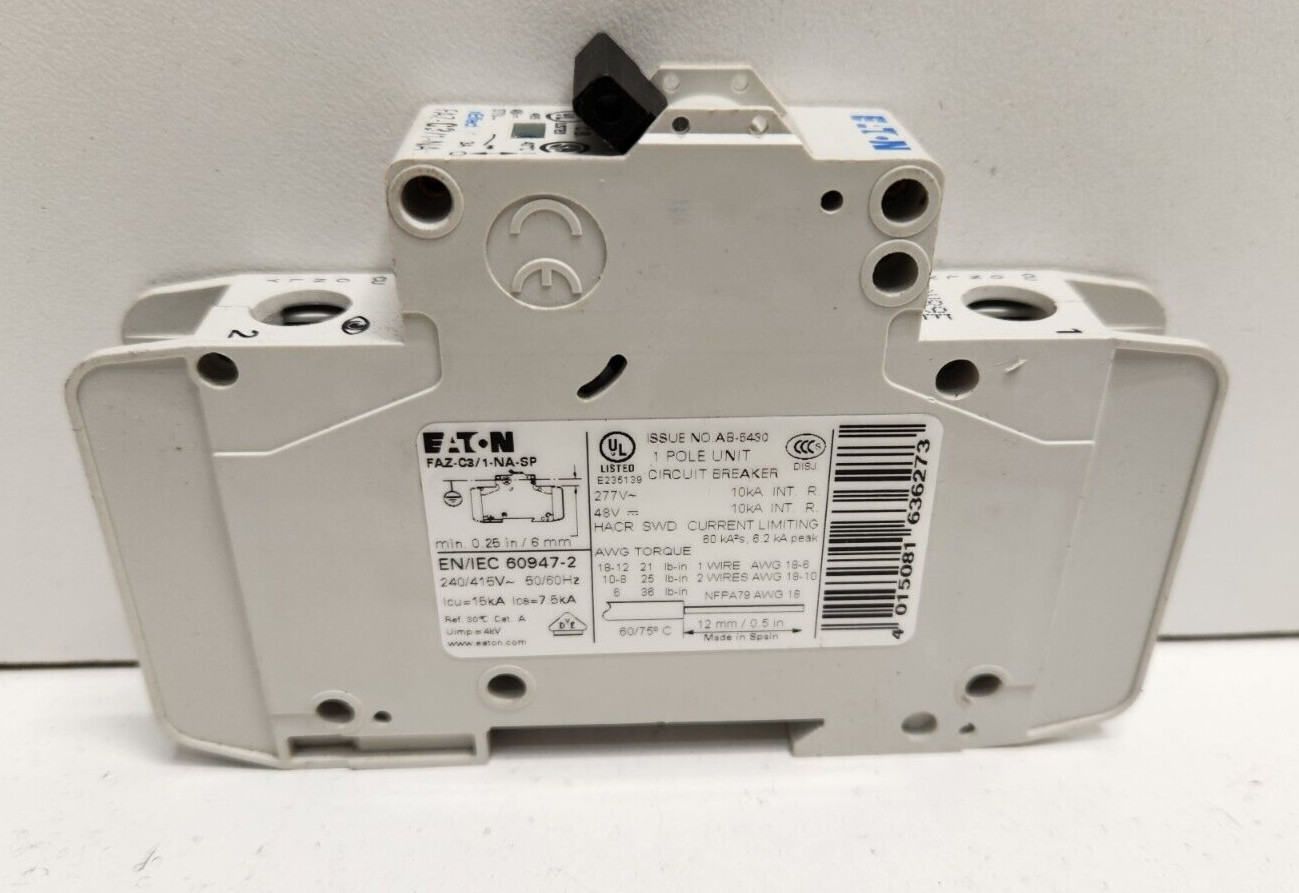 NEW NO BOX! EATON 3A 48VDC/277VAC 1-POLE CIRCUIT BREAKER FAZ-C3/1-NA-SP