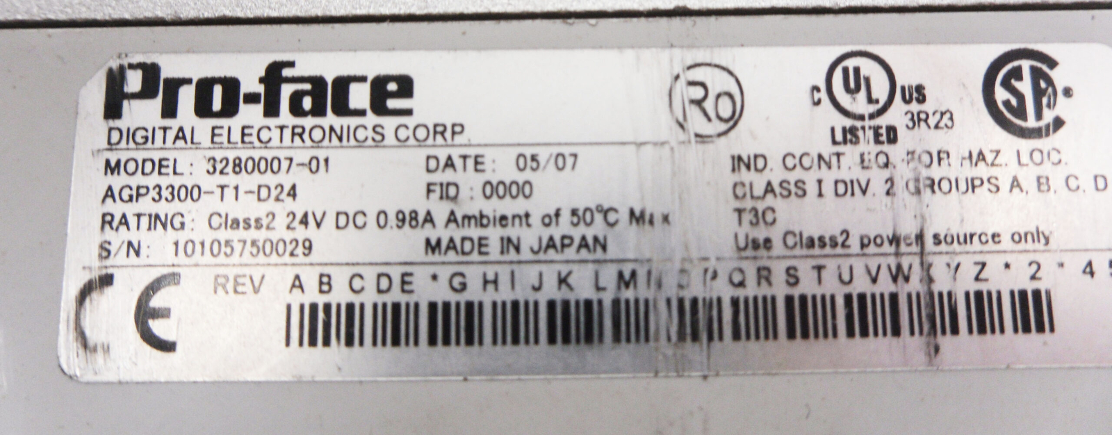 PRO-FACE AGP3300-T1-D24 TOUCH SCREEN OPERATOR INTERFACE 3280007-01 24VDC 0.98A