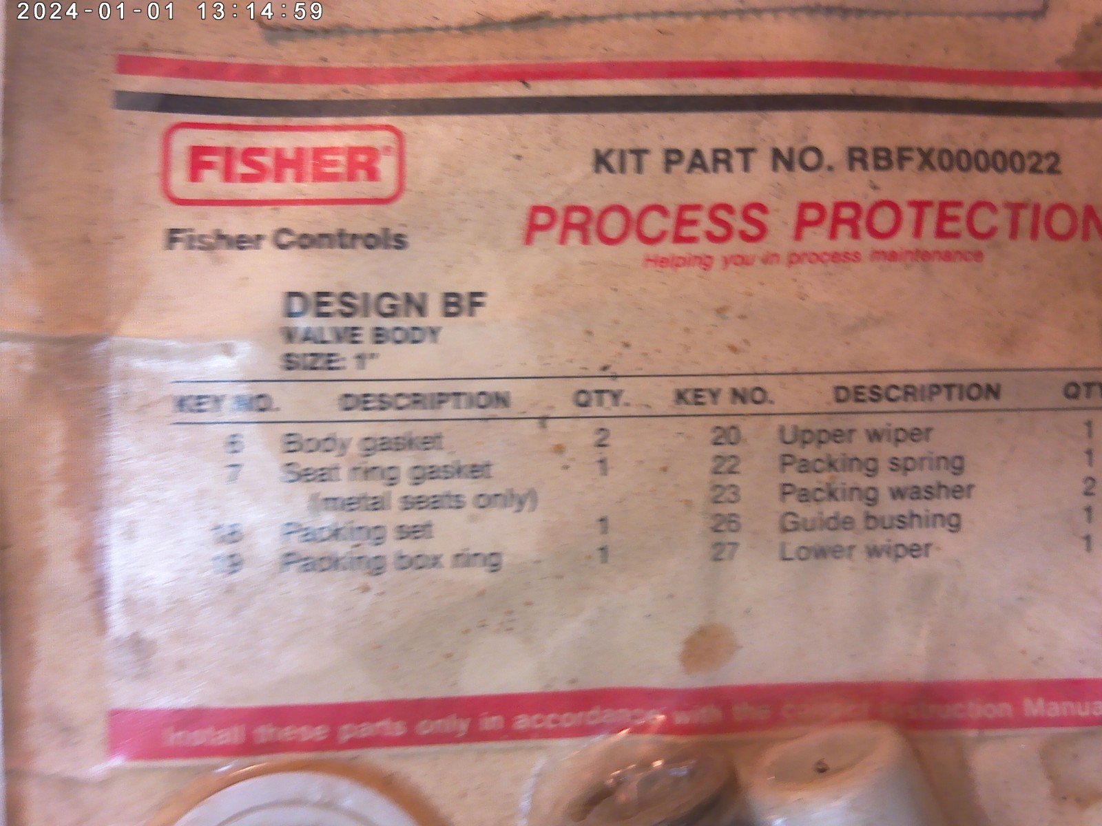 FISHER CONTROLS a 10 pc KIT REPAIR NO. RBFX0000022 1″ VALVE & gaskets ring wiper