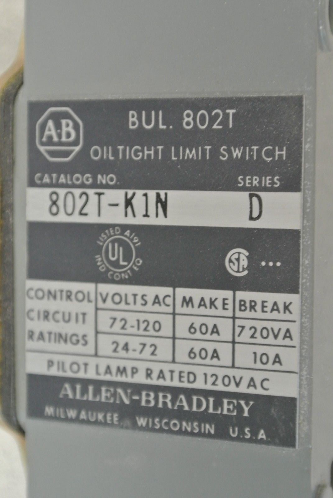 ALLEN-BRADLEY 802T-K1N Series D / OILTIGHT LIMIT SWITCH / / NEW SURPLUS