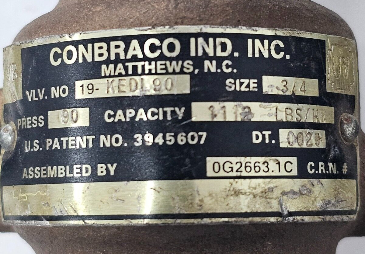 CONBRACO IND. INC. 3/4″ 90PSI 1112LBS/HR PRESSURE RELIEF VALVE 19-KEDL90