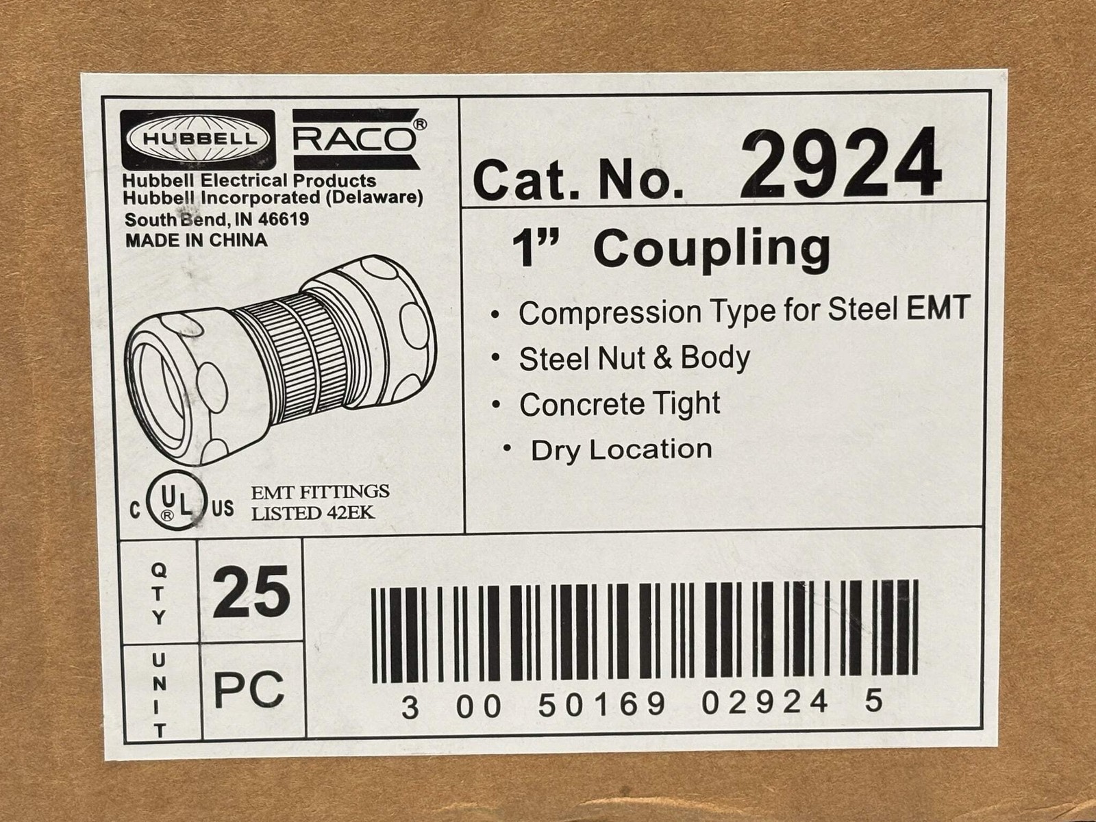 25 PK RACO 2924RT 1″ EMT Raintight Compression Coupling, Steel