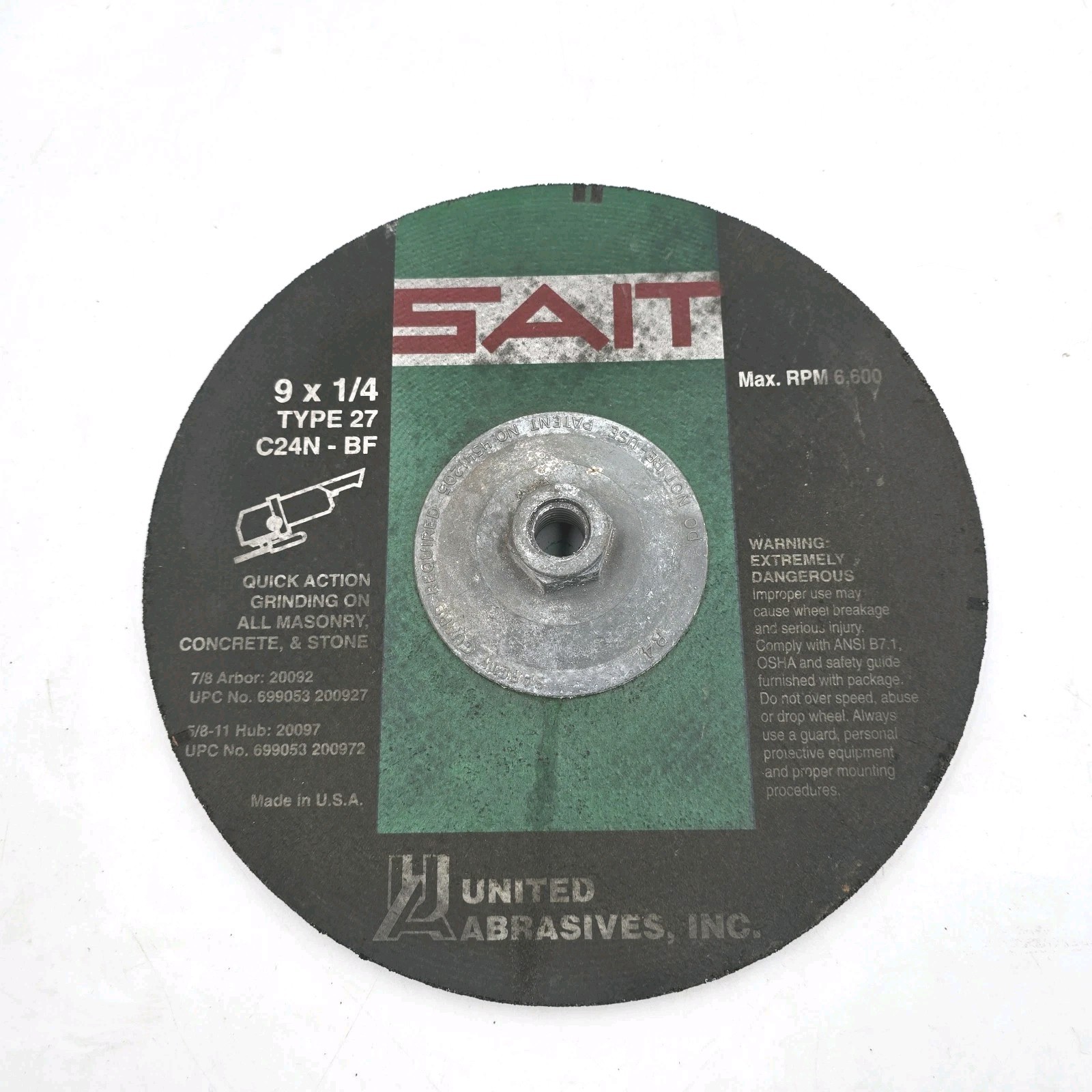 United Abrasives SAIT 9×1/4 Type 27 Grinding Wheel C24N-BF Max 6,600 Carbide