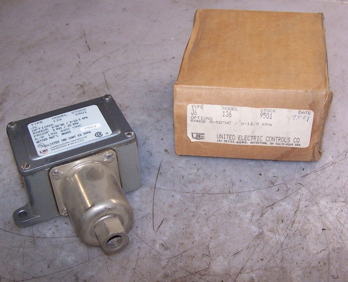 NEW UNITED ELECTRIC J6-136-9501 PRESSURE CONTROL SWITCH RANGE 0-50″ WC 480 VAC