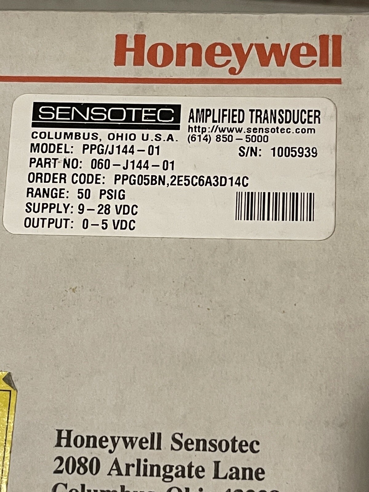 Honeywell Sensotec PPG 060-J144-01 Pressure Transducer PPG/J144-01 – New