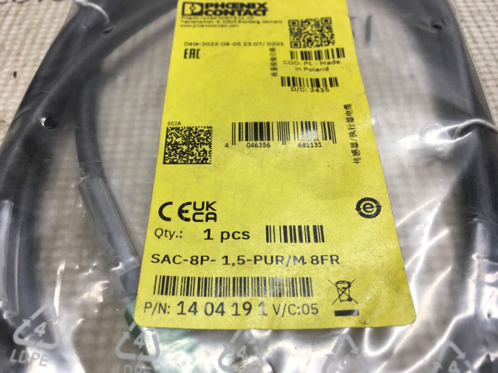 Phoenix contact cable, SAC-8P-1,5-PUR/M 8FR, NOS, KP-1578