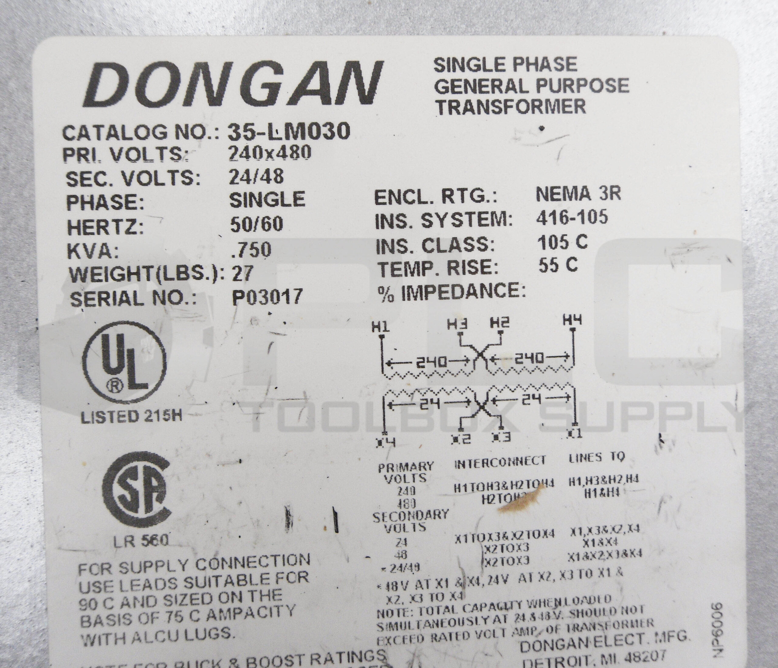 NEW DONGAN 35-LM030 SINGLE PHASE GENERAL PURPOSE TRANSFORMER