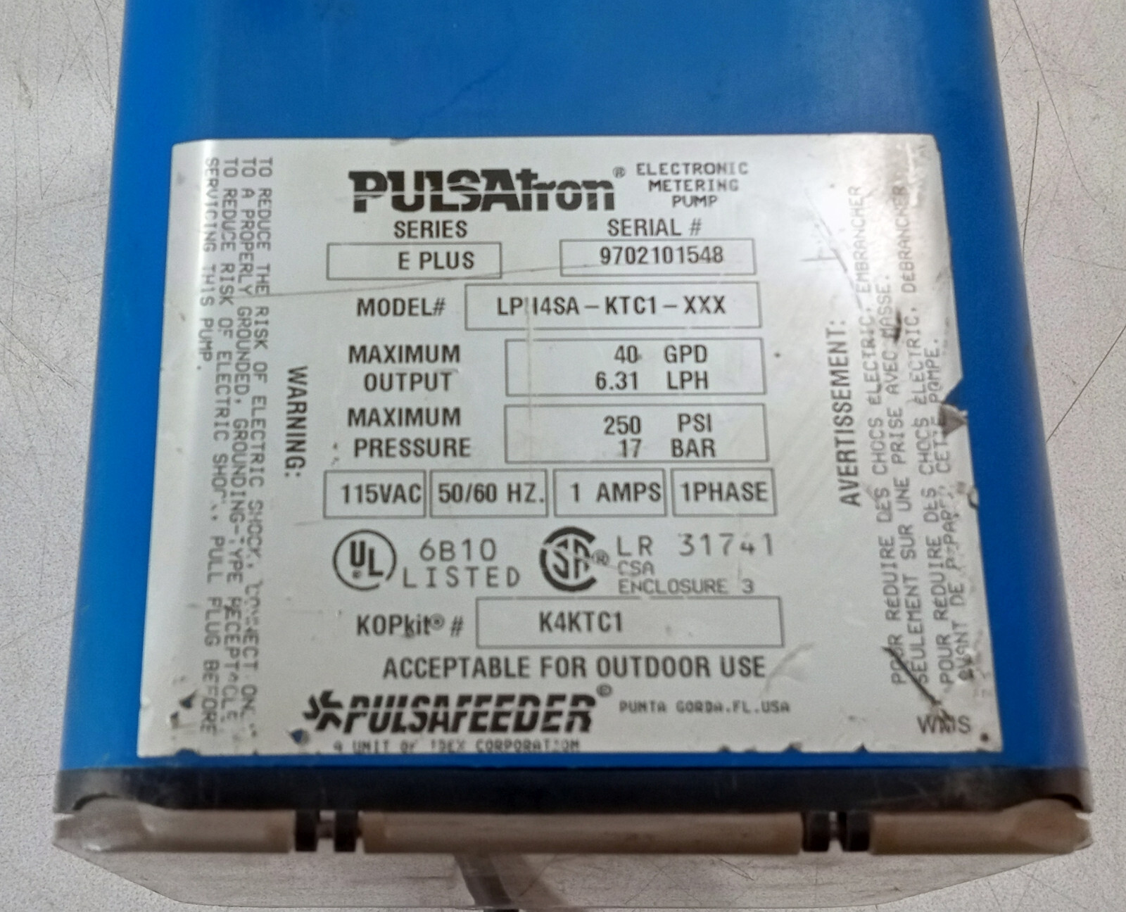 1 USED PULSATRON LPH4SA-KTC1-XXX CHEMICAL METERING PUMP ***MAKE OFFER***