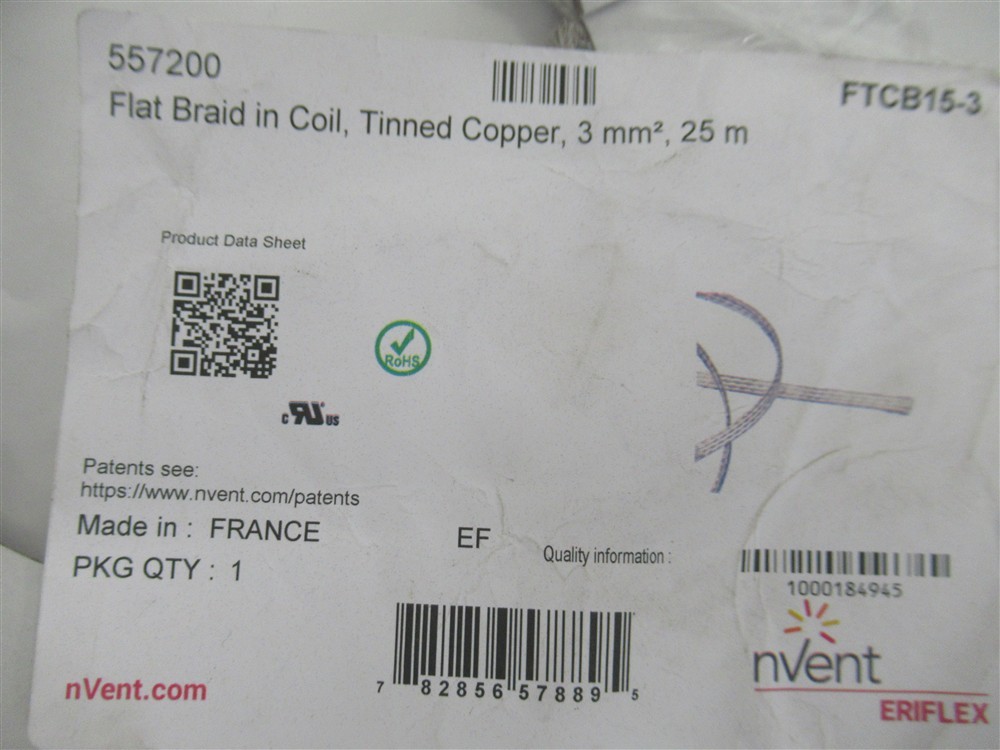 nVert 557200 , FTCB15-3 , Flat Braid In Coil , Tinned Copper , 3mm , 25 m