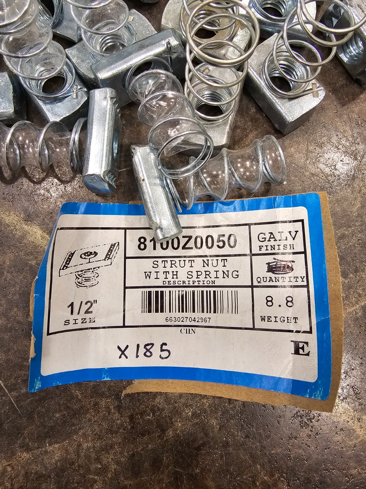 (LOT OF 185) 1/2″ Strut Nut With Spring Unistrut Hanger Rod Galvanized