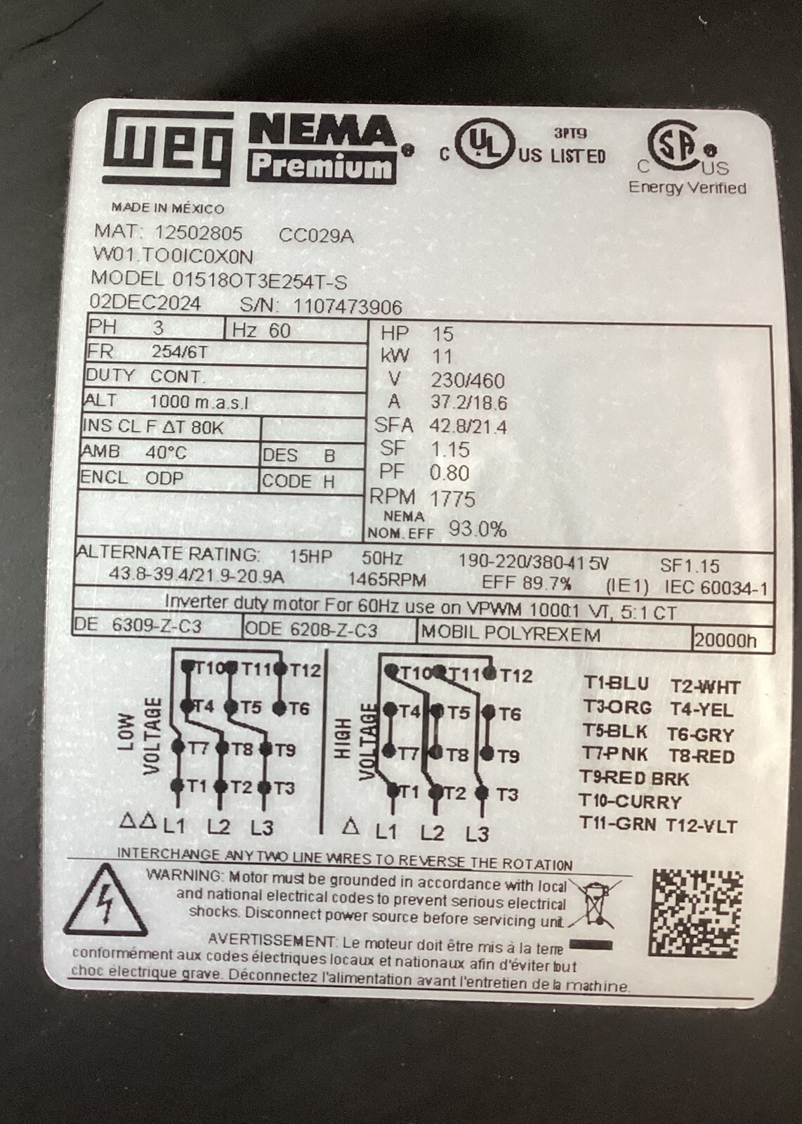 WEG 01518OT3E254T-S General Purpose Motor 15 HP 1,775 rpm