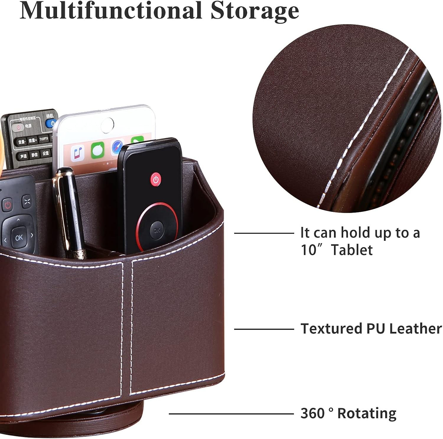 YAPISHI Leather Remote Control Holder, 360 Degree Spinning Desk TV 3# Brown