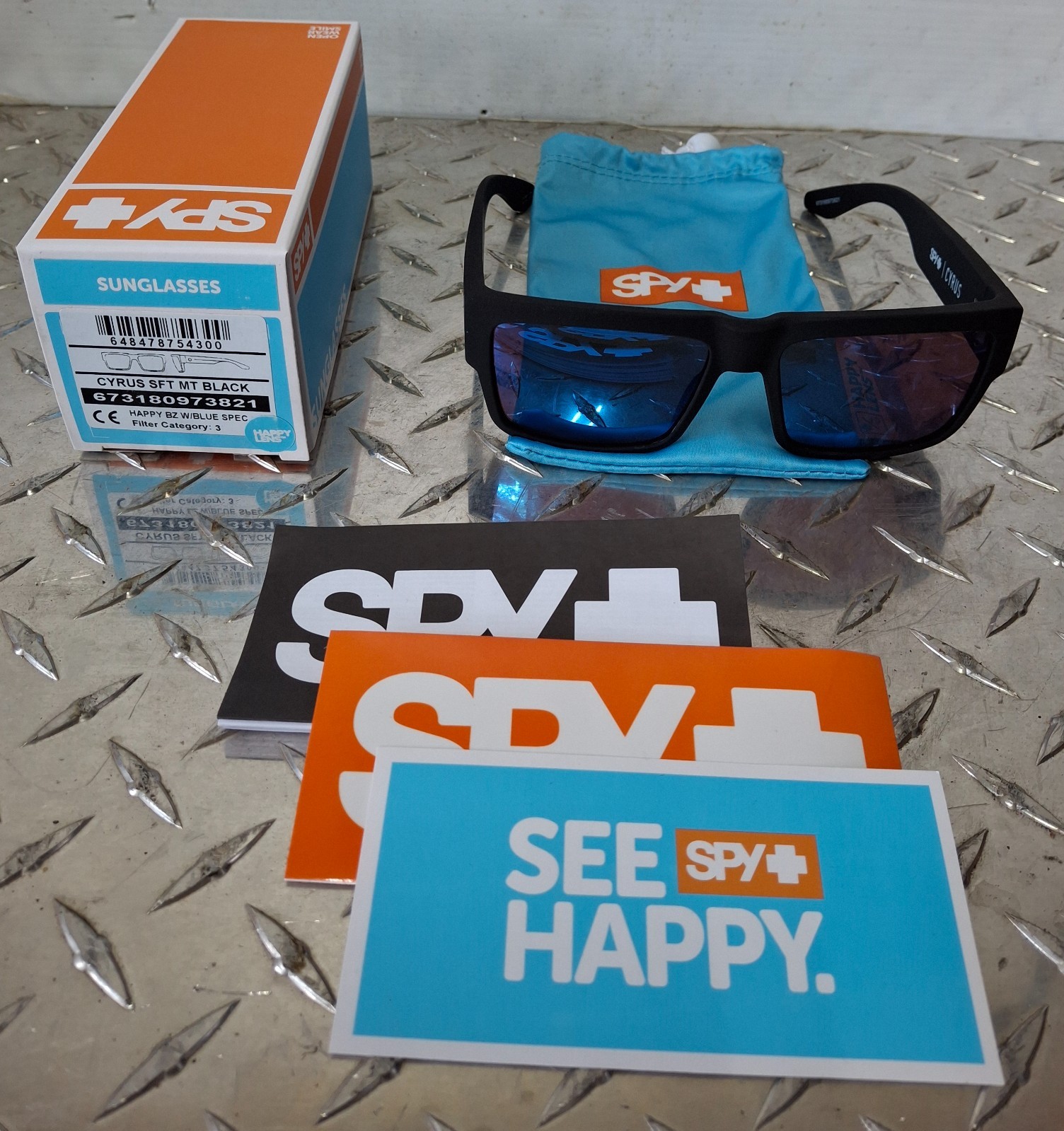 Spy Optic Sunglasses CYRUS Soft Matte Black Happy Bronze Blue Lens 673180973821