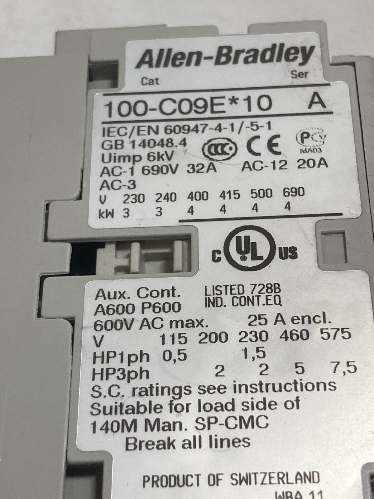 ALLEN BRADLEY 100-C09E10 CONTACTOR 3 POLE 9 AMP SERIES A