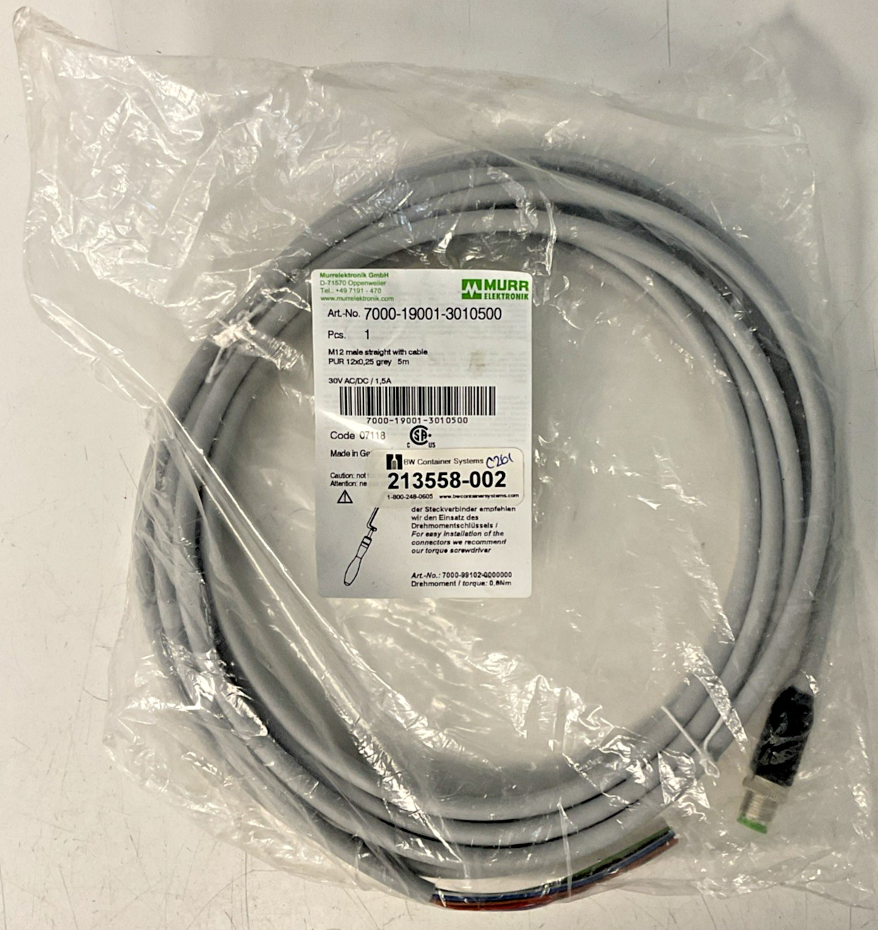 MURR ELEKTRONIK 7000-19001-3010500 CABLE M12 MALE STRAIGHT 5M