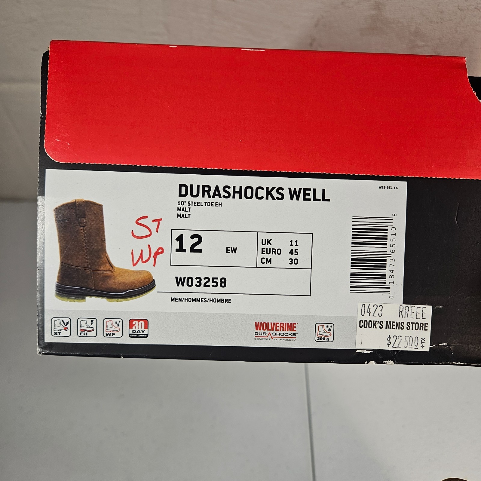 Wolverine Men’s Steel Toe W03258 DuraShocks Wellington Stone 12 EW New