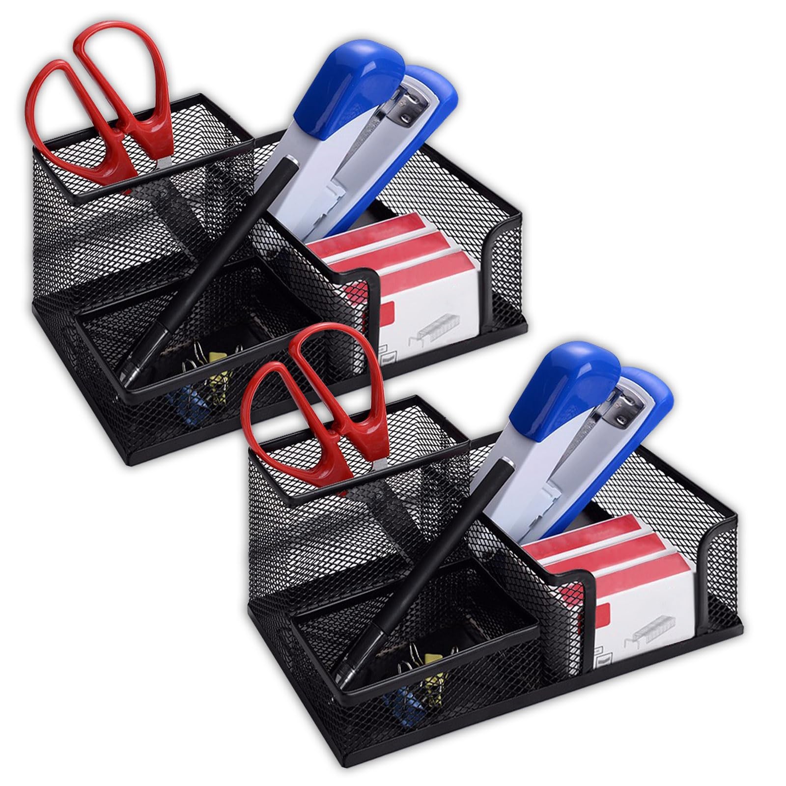 ASTIMESA 2 Pcs Metal Pen Organizer for Desk with 3 Compartments, Office black
