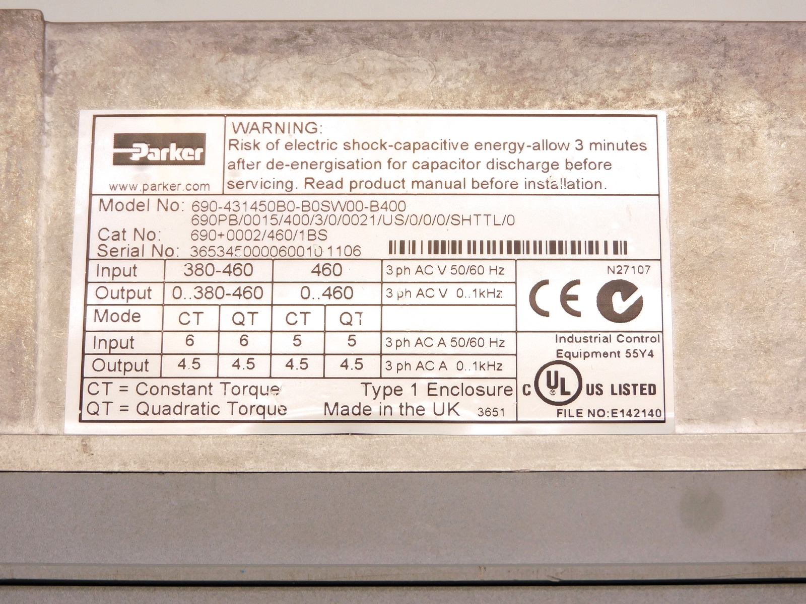 PARKER 690PB/0015/400/3/0/0021/US/0/0/0/SHTTL/0 (AS PICTURED) UNMP