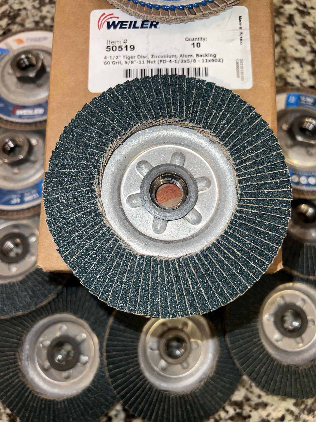 Weiler 50519 Tiger Type 29 Flap Disc Zirconia 60 Grit 4-1/2″ 5/8-11 Box Of 10