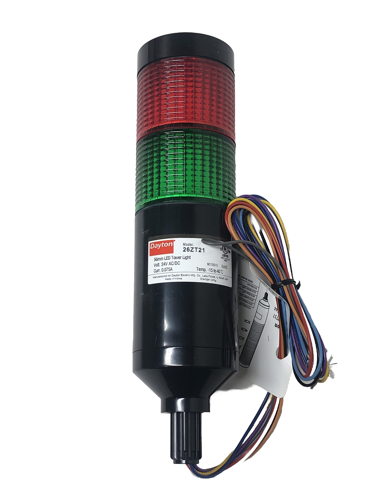 Dayton 26ZT21 56mm Red/Green LED Tower Light, 2 Stack, Pole Mounting