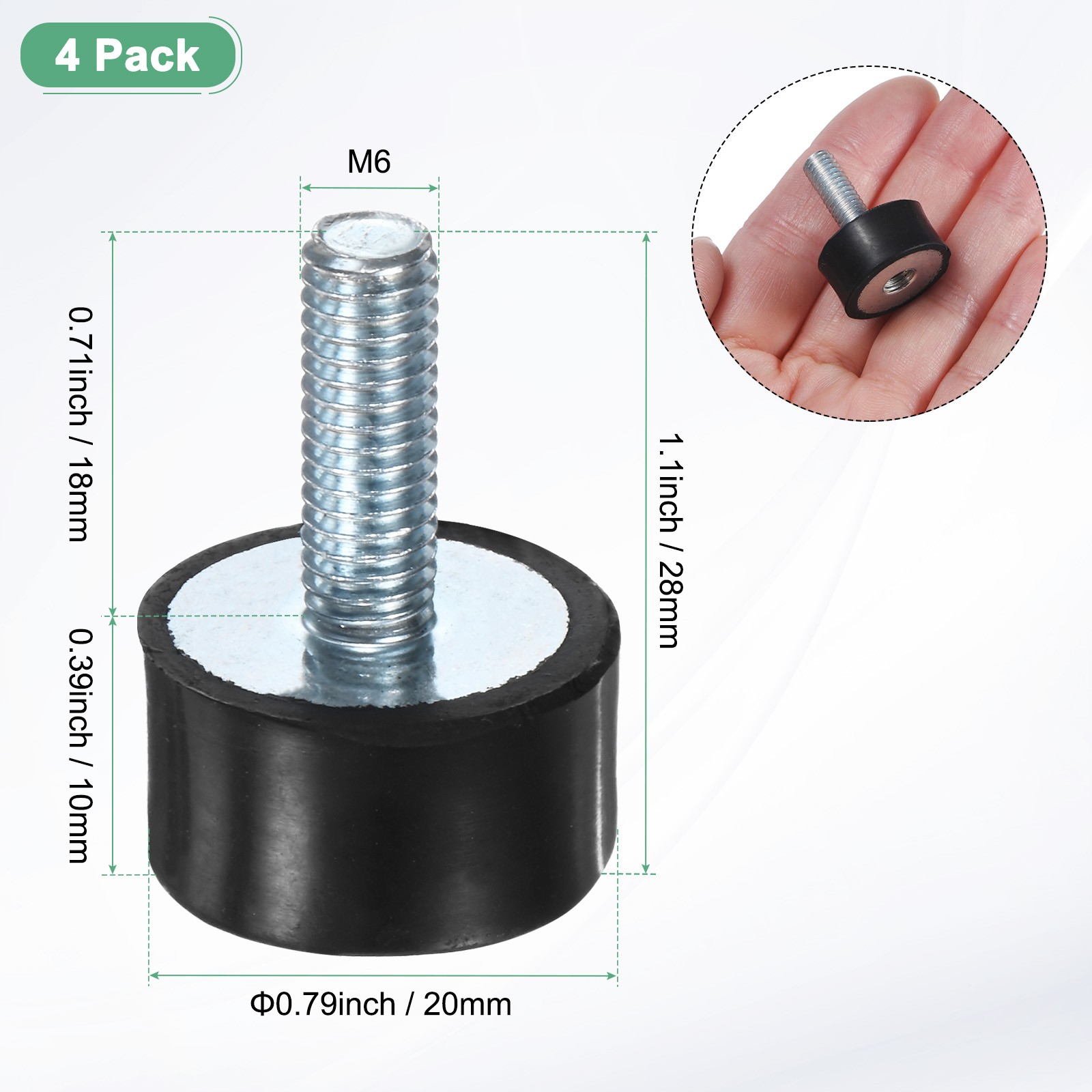 4-Pack Rubber Mounts with M6 x 18mm Studs Male/Female D20mmxH10mm