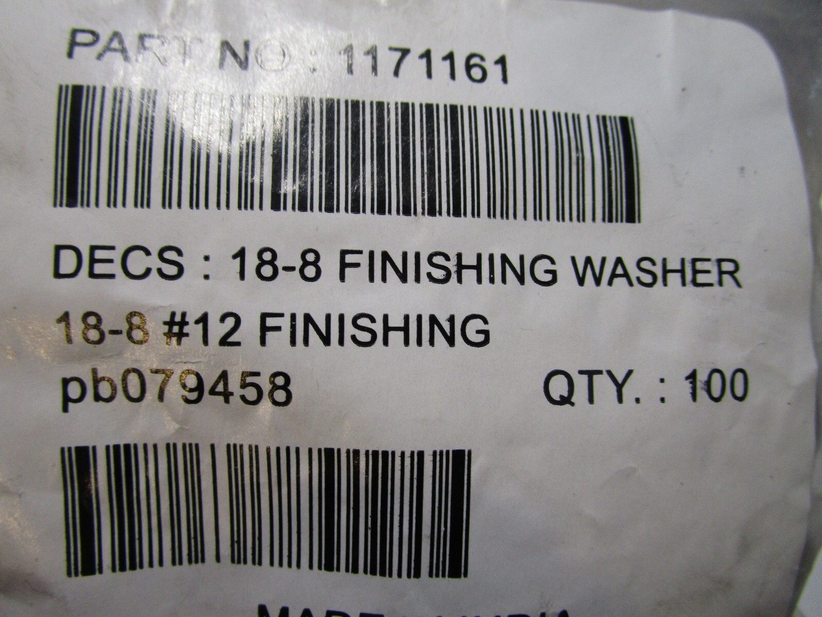 # 12 18-8 Stainless Steel Finishing Washer QTY 100