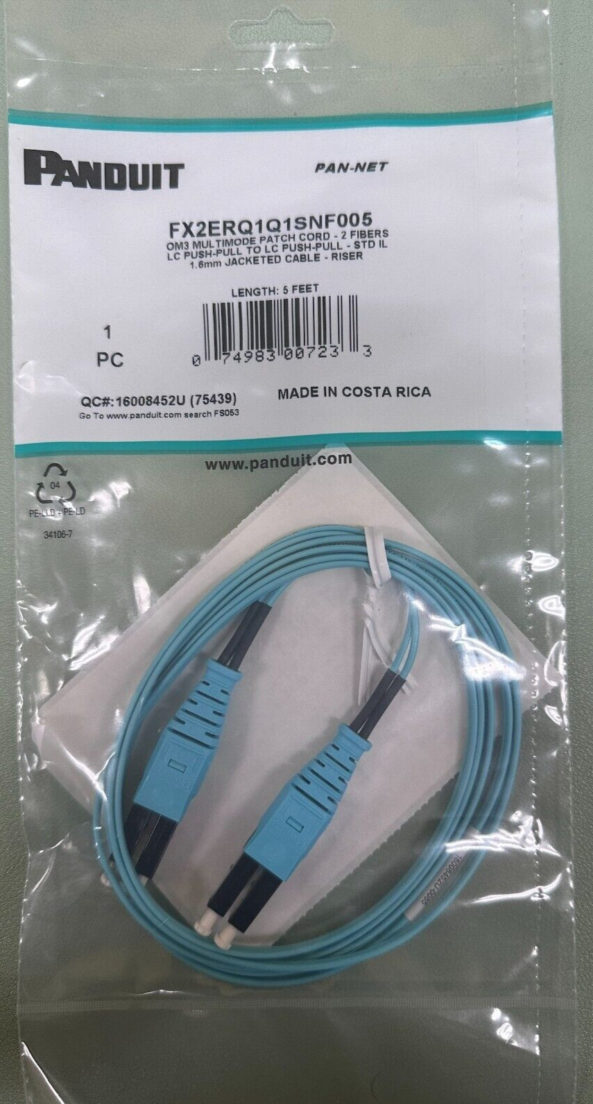 Panduit FX2ERQ1Q1SNF005 Duplex 50um Om3 LC Push-Pull-LC Push-Pull. 1.6 Meter