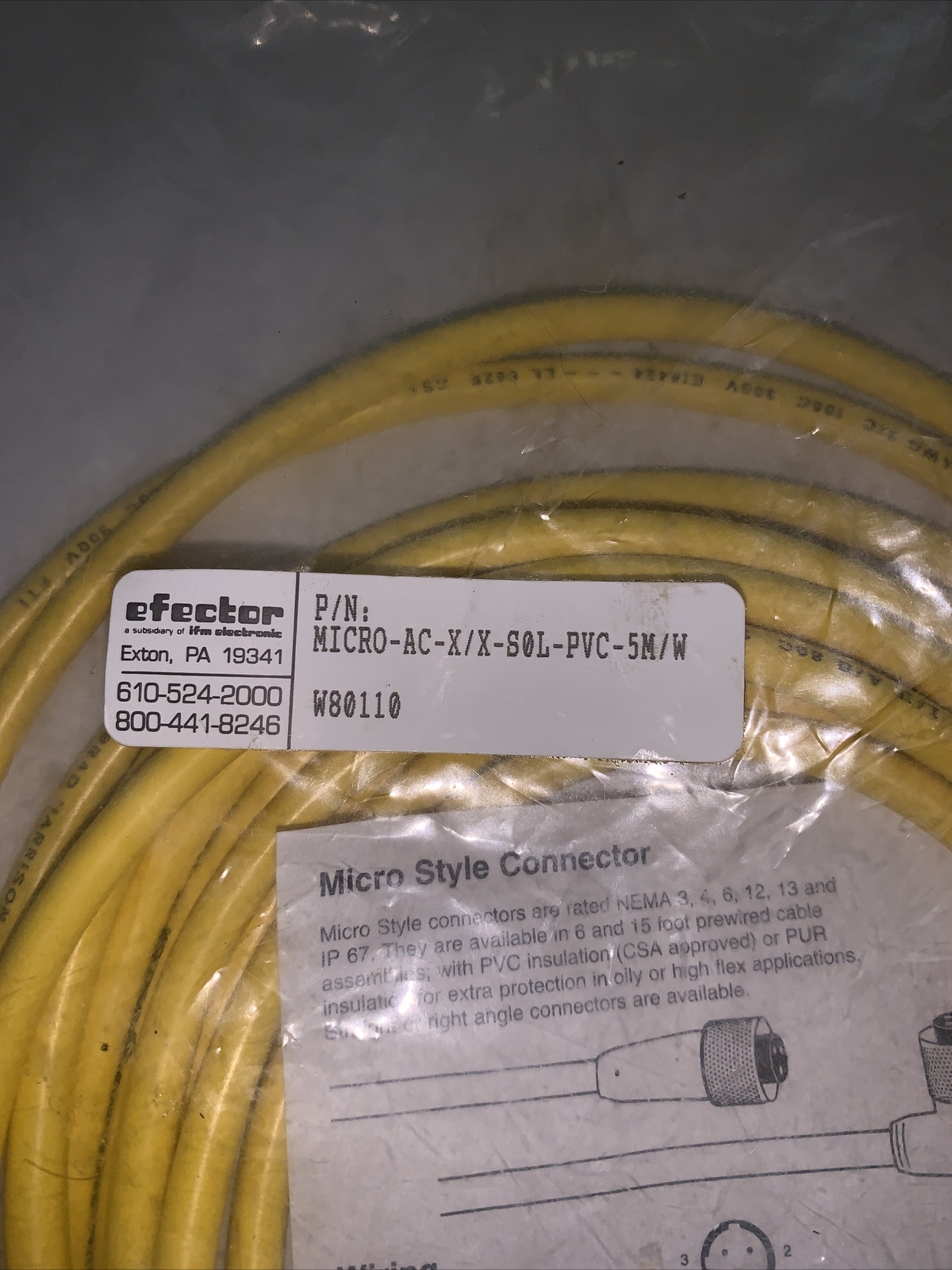 IFM Efector Molded Cordset W80110 3 wire Micro Style -AC-X/X-SOL-PVC-5M/W
