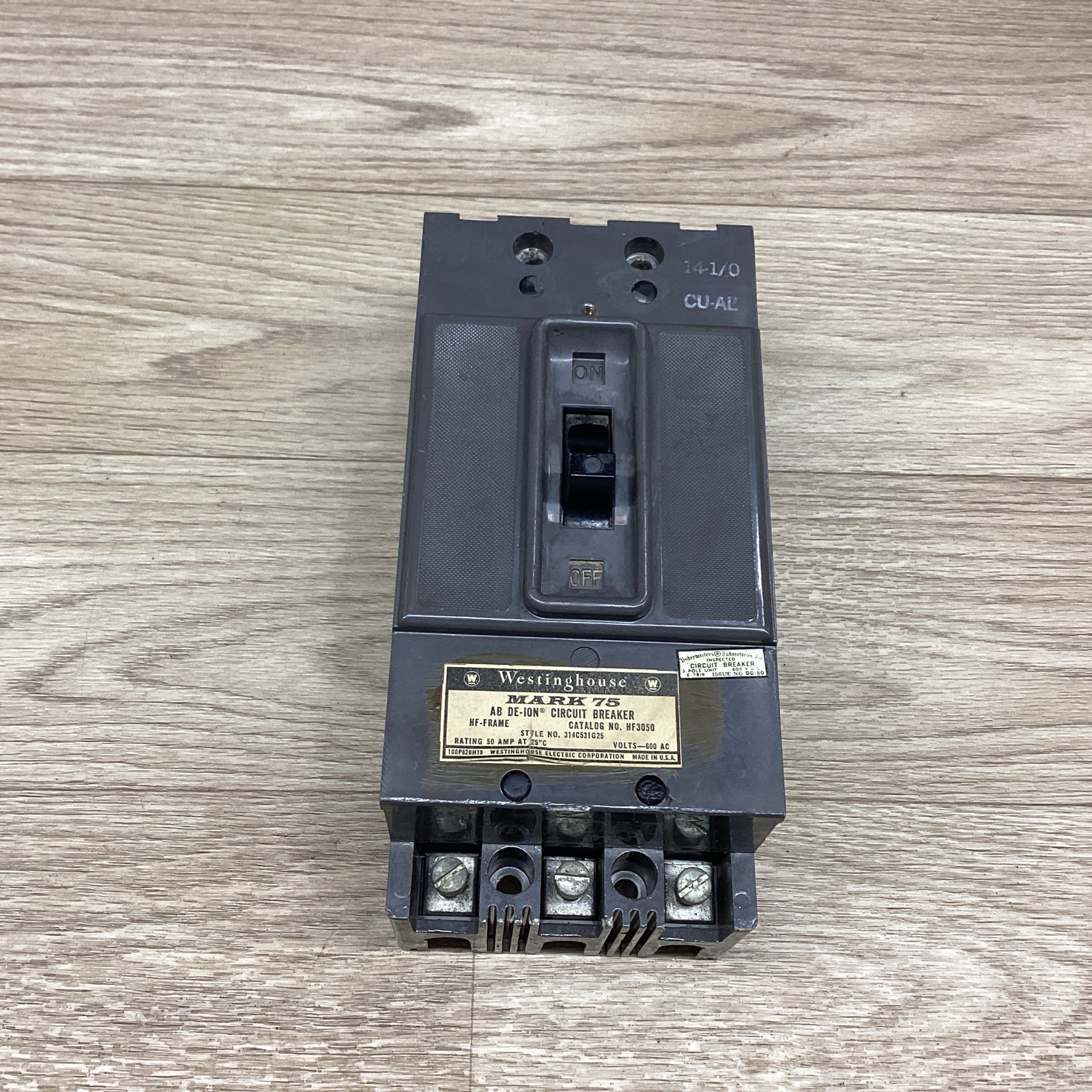 WESTINGHOUSE MARK 75 HF3050 50 AMP 3 POLE 600AC CIRCUIT BREAKER #803D100PR6*CO