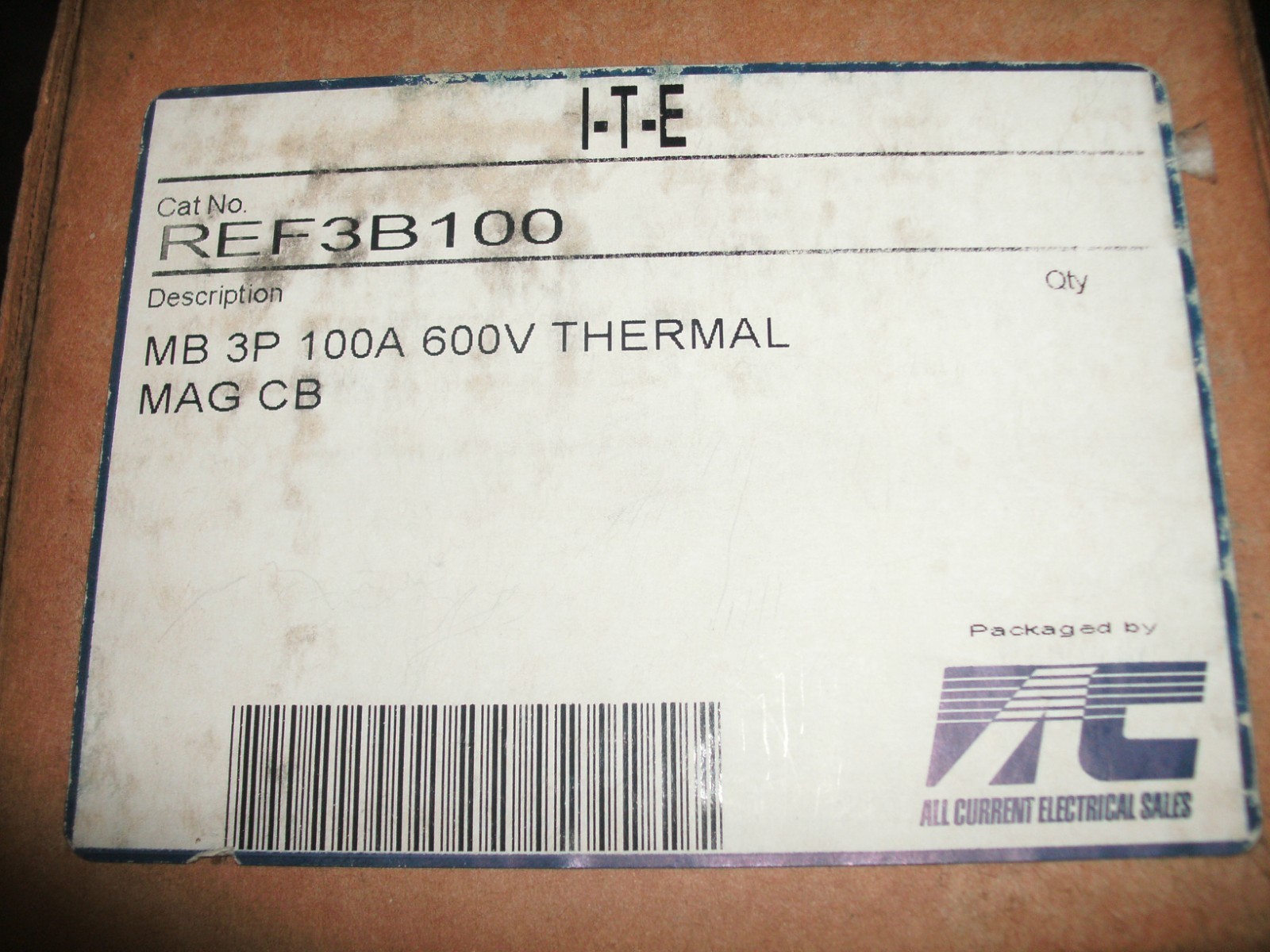 ITE REF3B100 REF3-B100 3 POLE 100A 600V CIRCUIT BREAKER