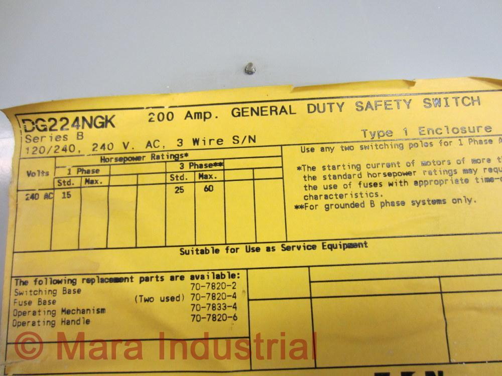 Cutler Hammer DG224NGK Eaton Safety Switch 200 Amp Series B