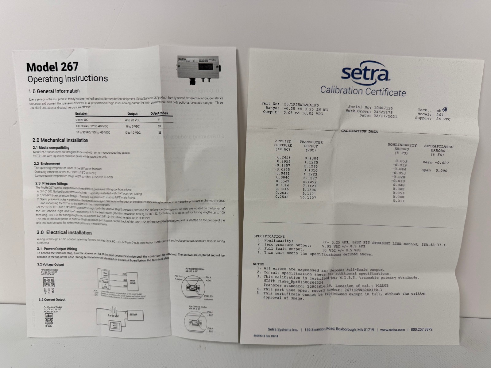 SETRA 2671R25WB2EA1FD MODEL 267 LOW DIFFERENTIAL PRESSURE TRANDUCER