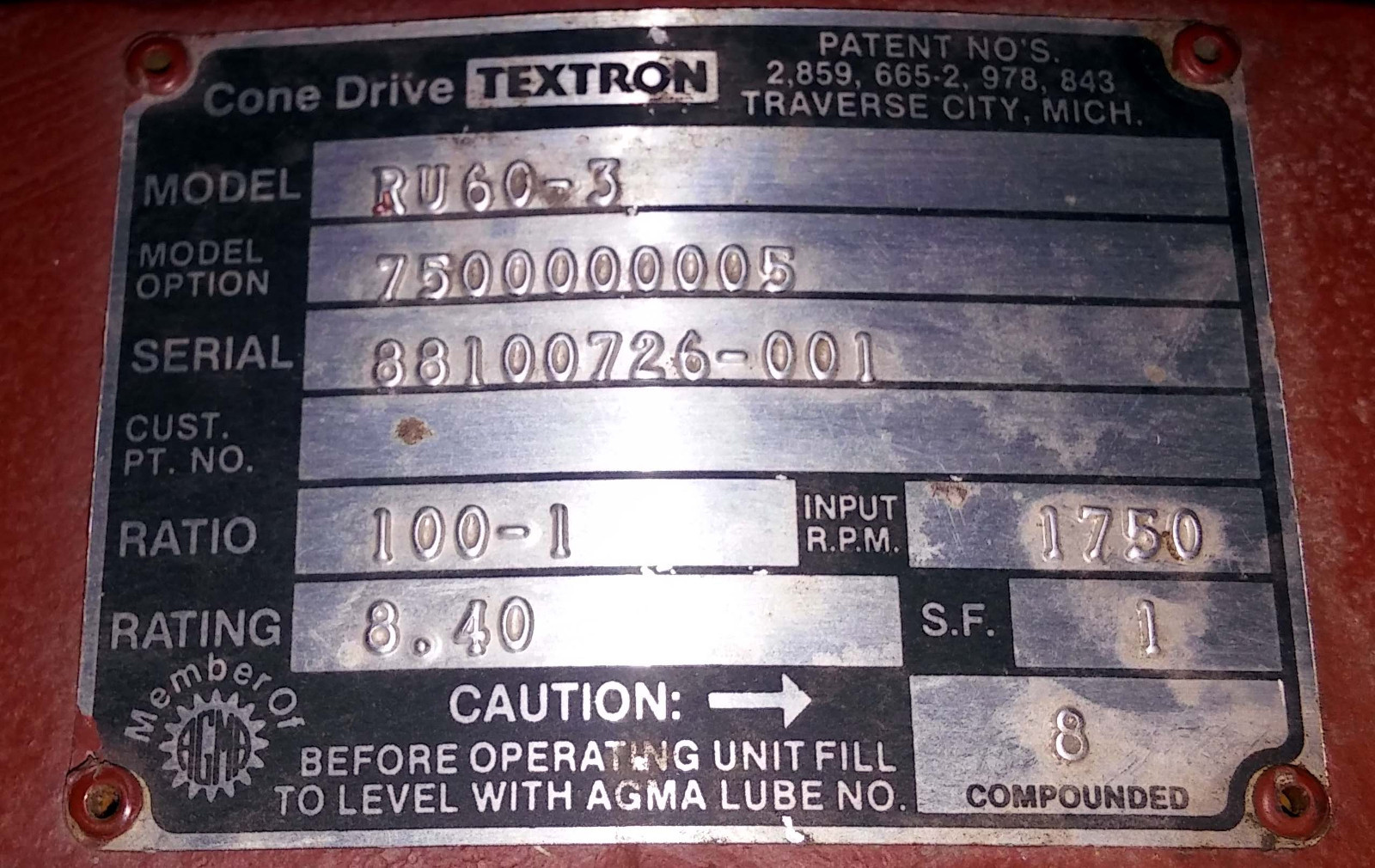 1 NEW CONE DRIVE TEXTRON RU60-3 SPEED REDUCER 100:1 RATIO NNB ***MAKE OFFER***