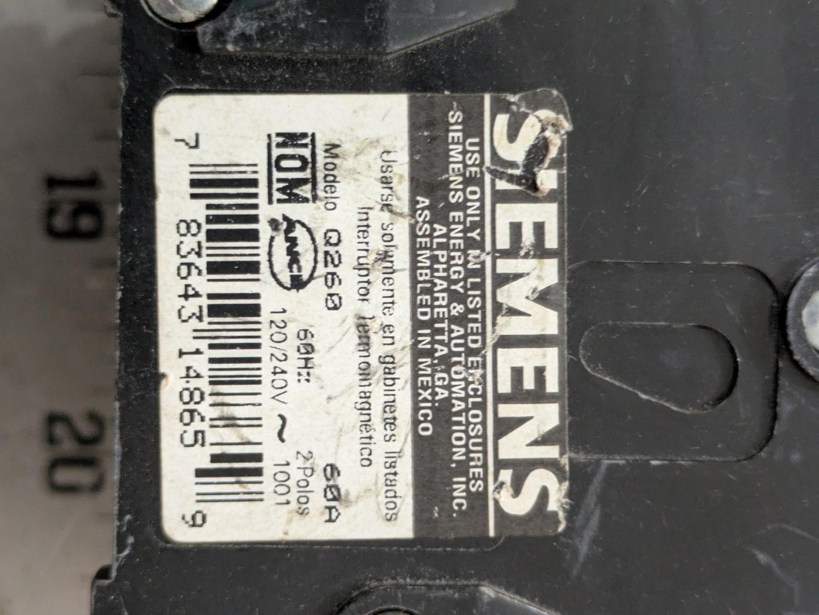 Siemens Q260 2-Pole 60A Circuit Breaker Type QP 120/240VAC 60Hz Plug-In