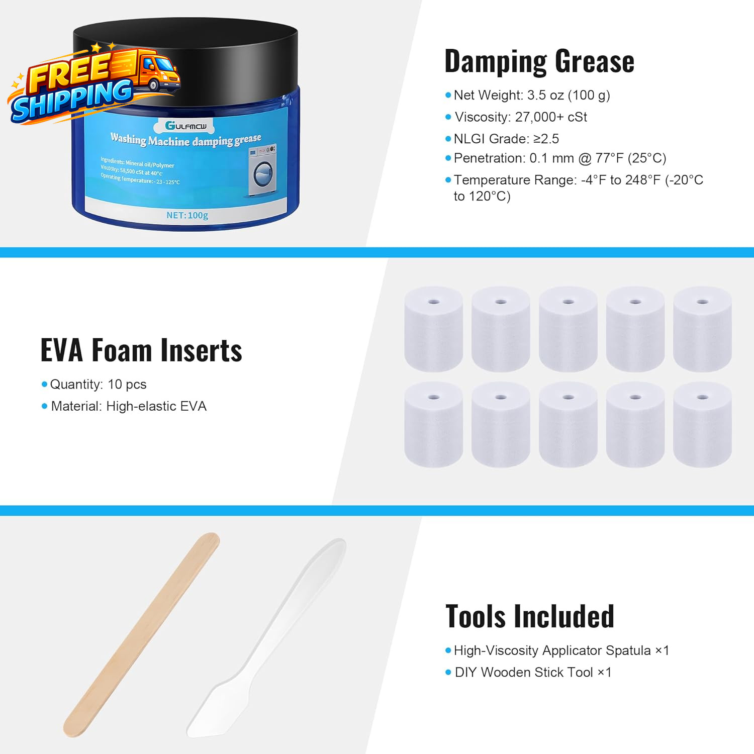 3.5 Oz (100G) Washing Machine Damping Grease with 10 Foam Inserts for Suspension