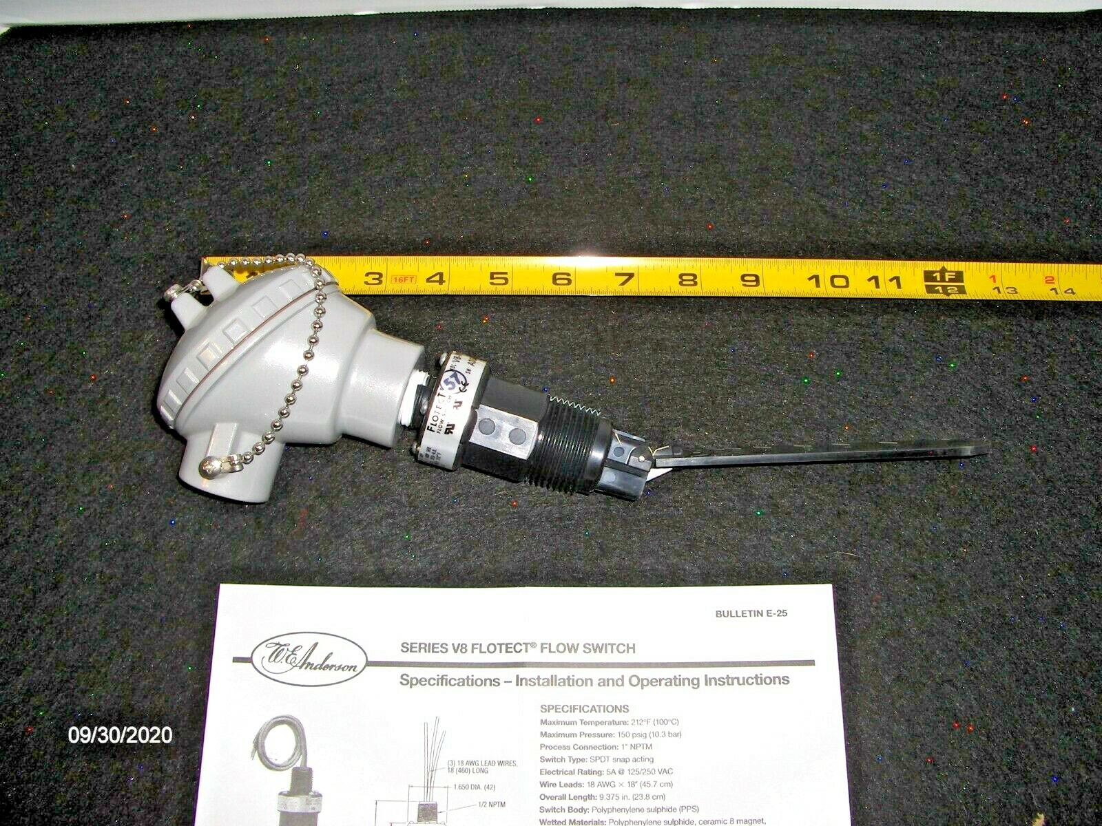 W.E. Anderson Series V8 Flotect Flow Switch 125/250VAC 5amp V8-WP2, A33AB NEW