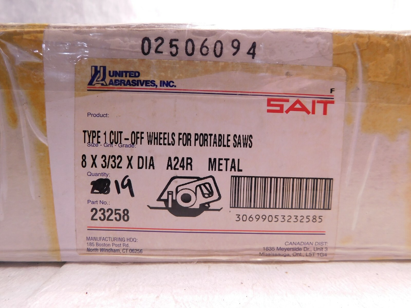 Sait Metal Cut-Off Wheels Type 1 8″ x 3/32″ Box of 19 A24R