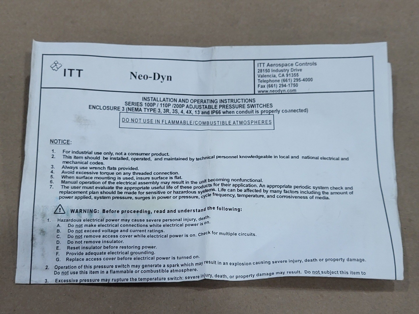 ITT Industries 200-1500 psig Adjustable Pressure Switch 200P13C3