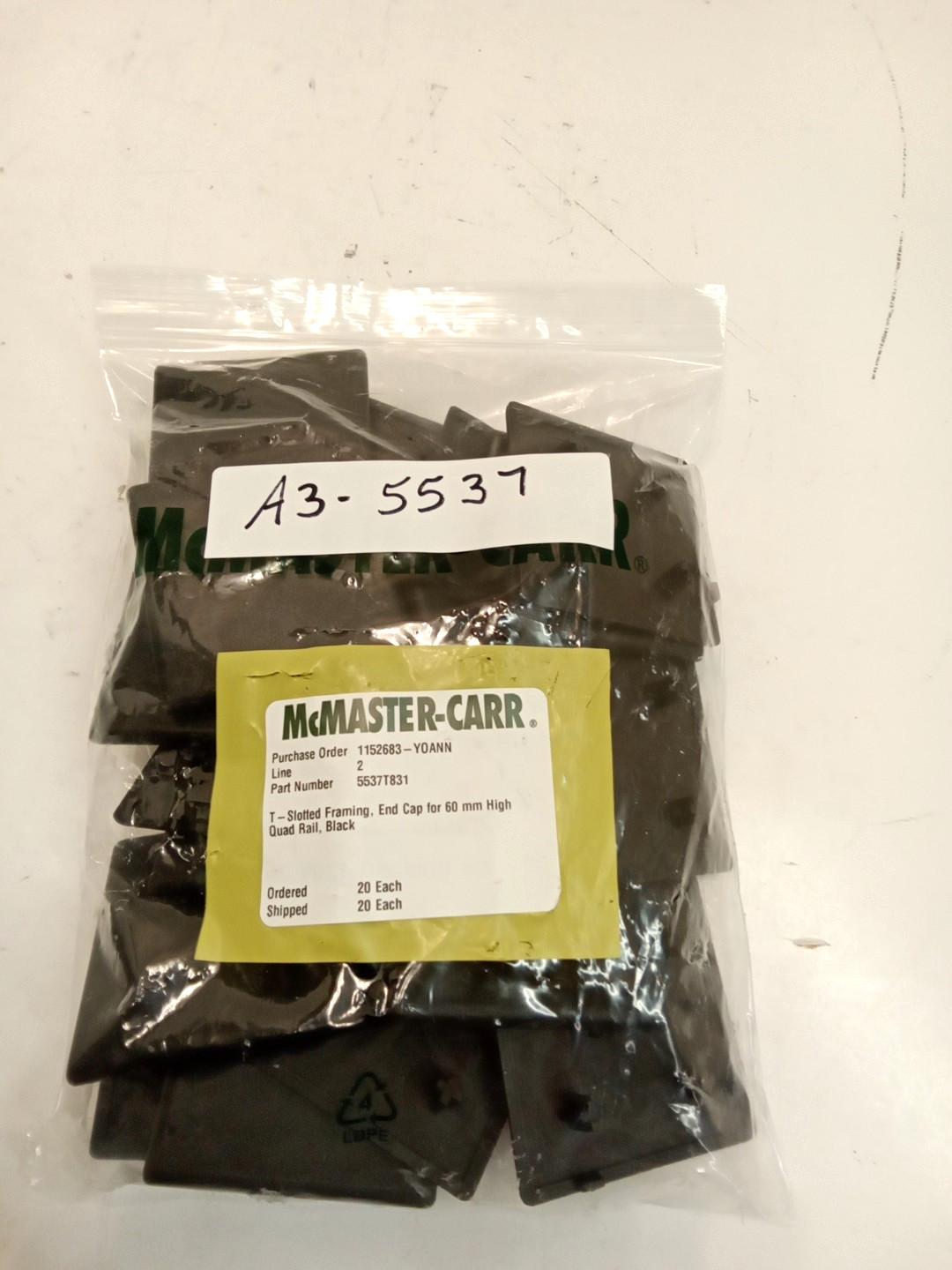 McMaster Carr 5537T831 T-Slotted Framing End Cap for 60mm High Quad Rail 20pk