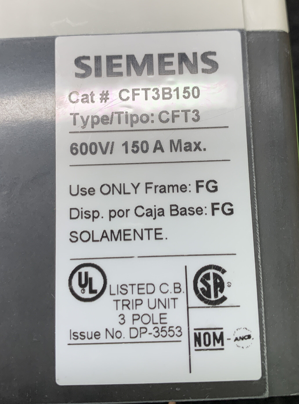 SIEMENS 3VL9315-K7N38 CIRCUIT BREAKER TRIP UNIT Cft3b150