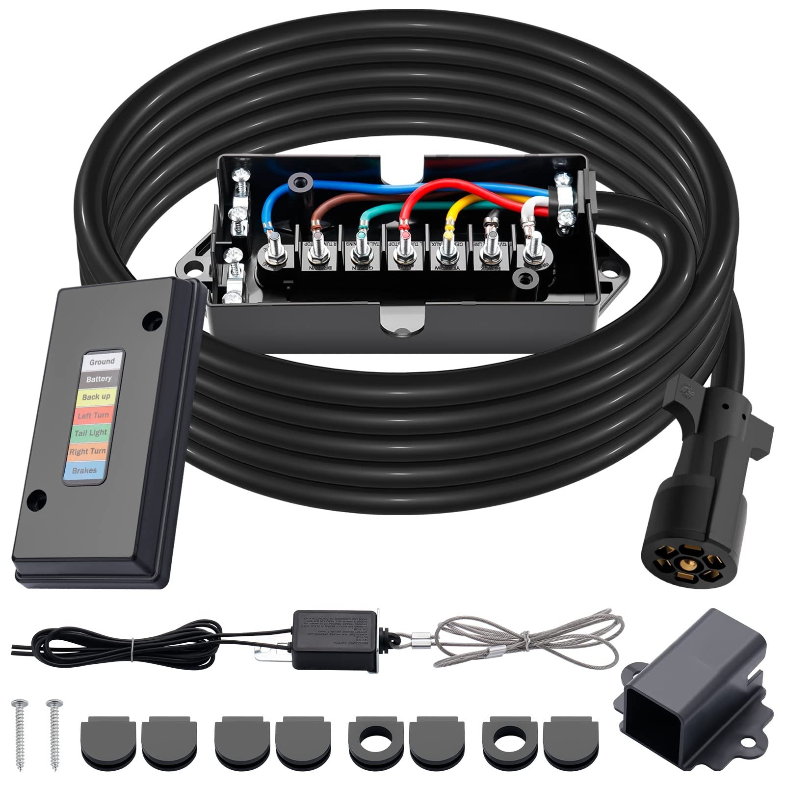 15 FT 7 Way Trailer Cord and 7 Gang Junction Box Kit