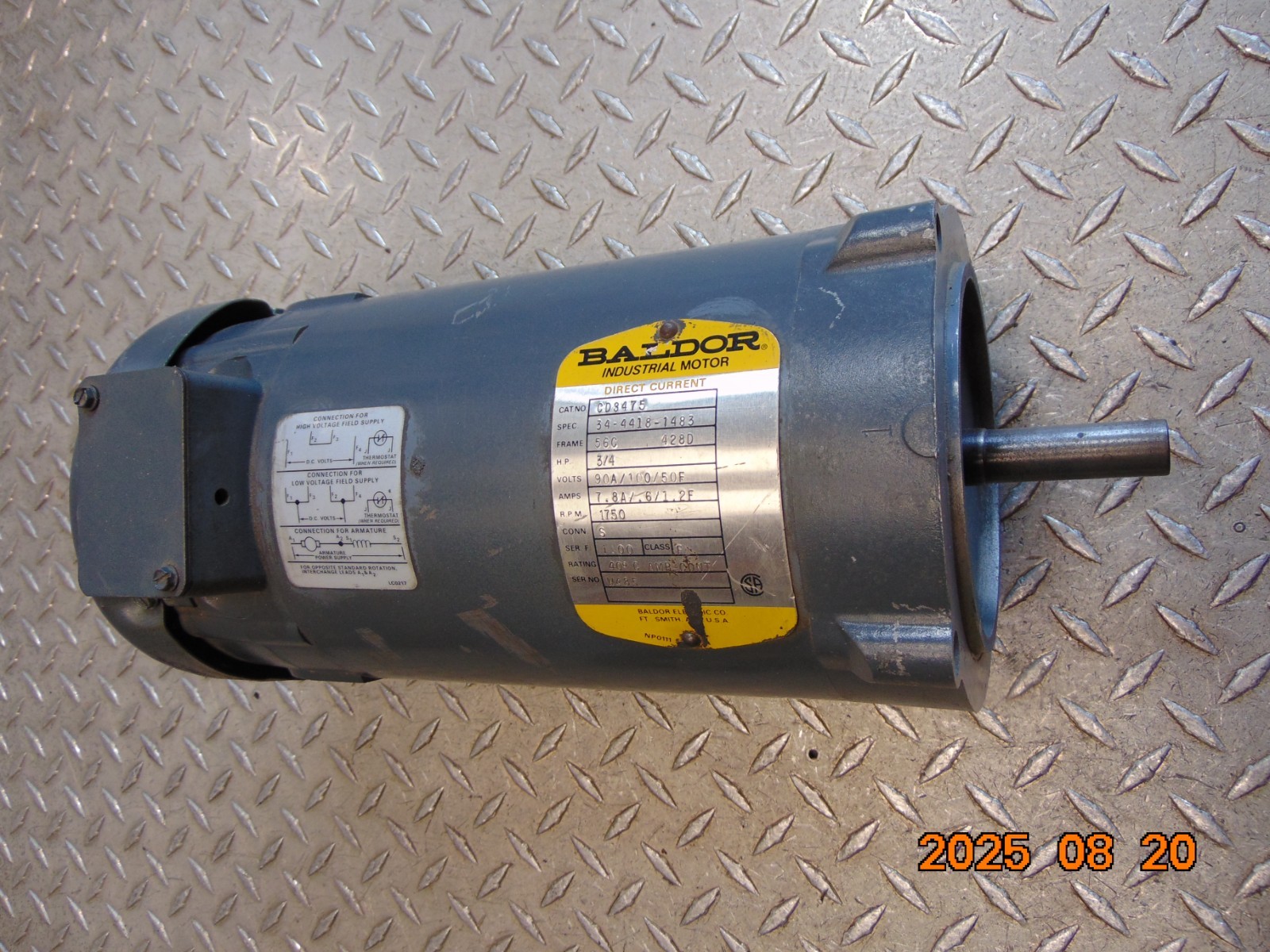 BALDOR CD3475 3/4HP DC INDUSTRIAL MOTOR 1750 RPM 56C FRAME