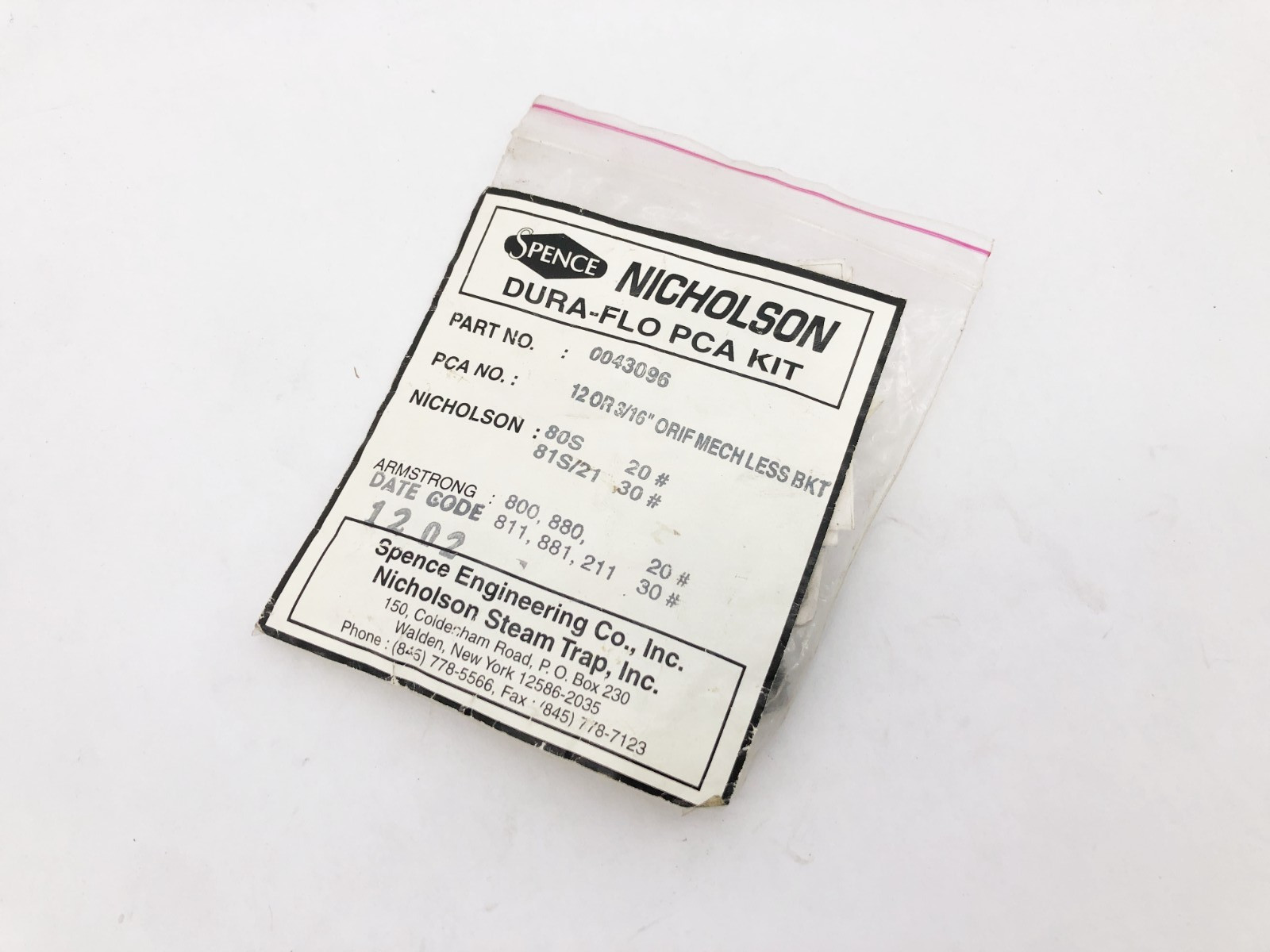 New Spence Nicholson 0043096 Repait Kit 12 OR 3/16″ ORIF MECH LESS BKT