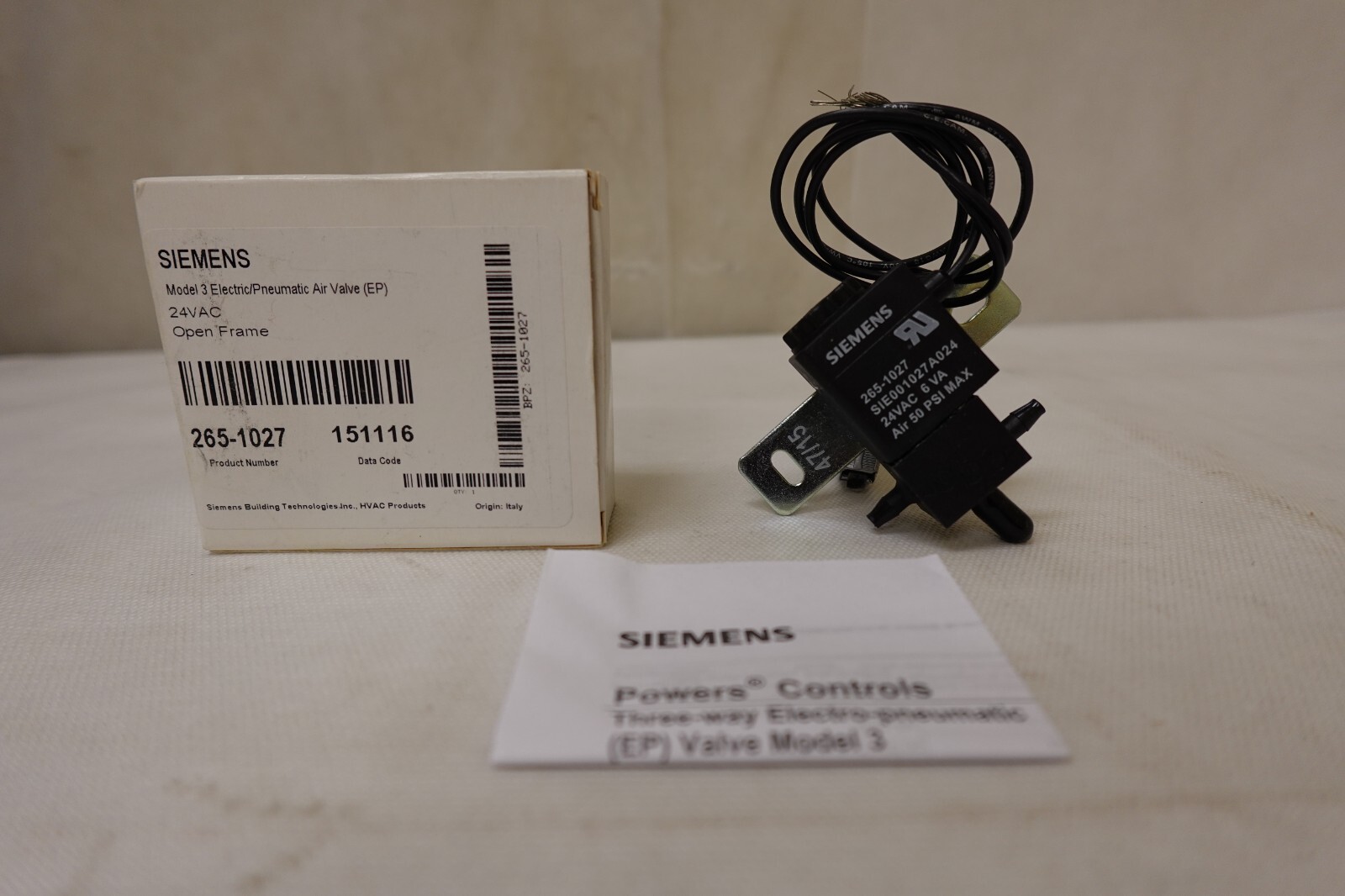 Siemens 265-1027 Solenoid Air Valve (EP) 3 Way Electro Pneumatic 24VAC 50PSI Max