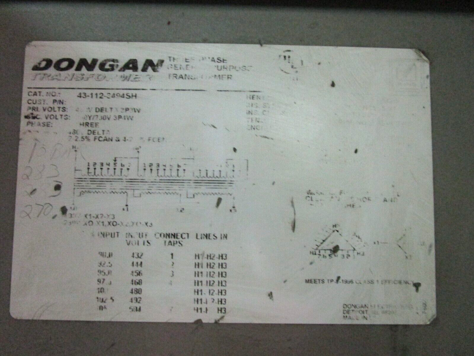 Dongan 43-112-3494SH Transformer 3 Phase 480Y Pri. Volts Y/230 Sec. Volt 47634HM