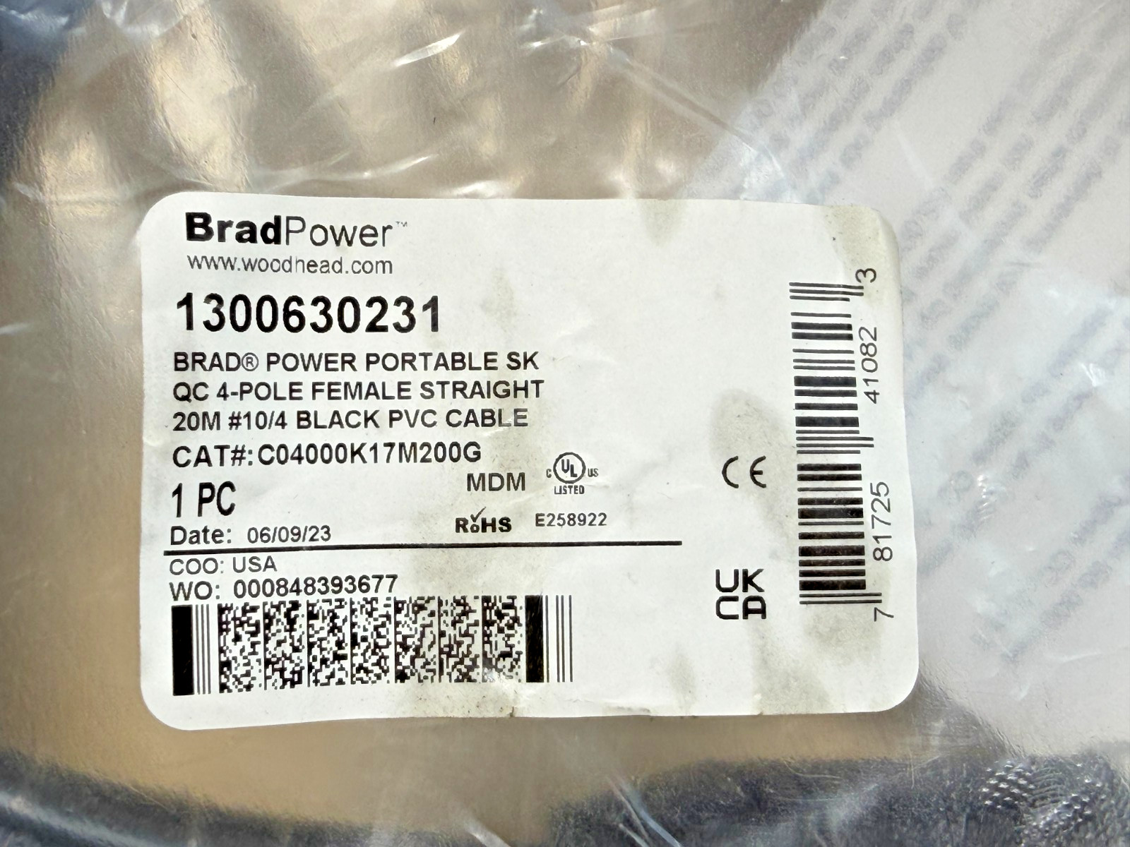 Woodhead C04000K17M200G Brad Power SK QC 4-Pole Cable, 20M, 10/4 1300630231